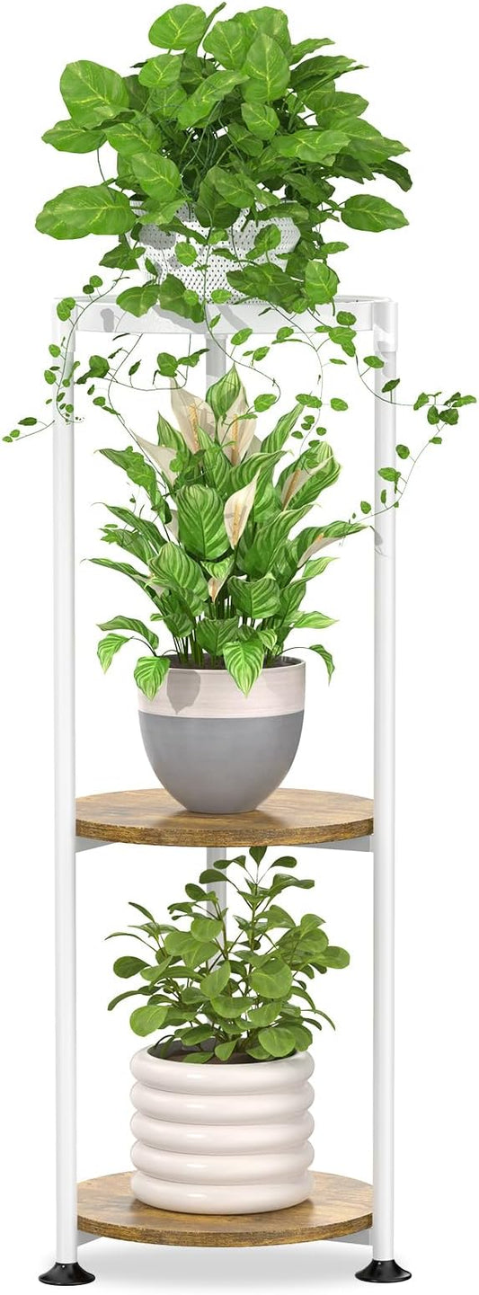 iDavosic.ly 3 Tier Corner Plant Stand Indoor, 34 Inch Tall Vertical Metal Flower Heavy Duty Pot Holder Shelf Outdoor for Patio Porch Living Room, White & Rustic Brown - Round