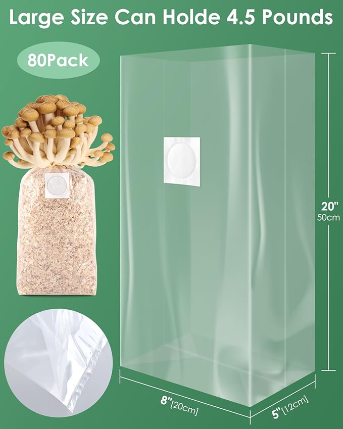 80 Pack Mushroom Grow Bags with Microporous Filter Patchs, 8"x5"x20" Large Extra Thick 3 Mil Mushroom Cultivation Spawn Bag Bulk, Durable Autoclavable Bags for Substrates Strong Tear Resistant