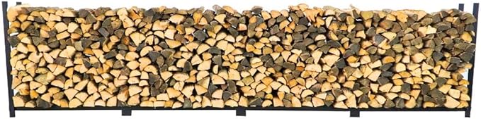 Woodhaven 16 Foot Black Large Outdoor Firewood Rack With Optional Seasoning Cover - 1 Cord Fire Log Holder - Powder Coated Steel Firewood Holder - Made In USA (No Cover)