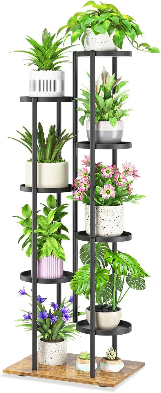 iDavosic.ly 7 Tier Plant Stand Indoor Outdoor, Tiered Corner Multiple Flower Pot Holder Shelf, Metal 51 Inch Tall Display Rack for Patio Porch Living Room Garden Balcony, Modern Black & Rustic Brown
