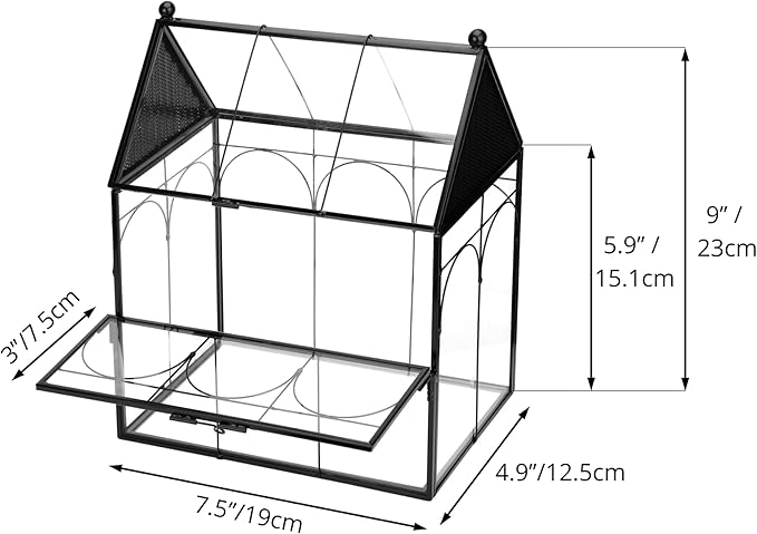 NCYP Glass Enclosure with Vent Holes for Insect, Jumping Spiders - 7.5" x 4.9" x 9" Small Closed Front Opening Door Succulent Terrarium - House Shape Habitat, Home Decor Black (No Plants)