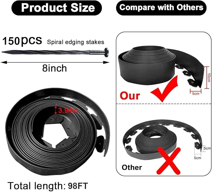 Landscape Edging 98FT,Garden Edging Borders Black [Extra Tall 4IN High] with 150pcs Plastic Stakes, Lawn Edging Flexible DIY Fence for Landscaping,Flower Bed,Grass,Gravel,Tree Surrounding