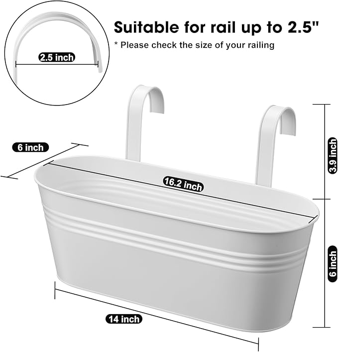 3 Pcs Large Balcony Planters Railing Hanging Flower Pots- 16.2 Inch Metal Railing Planter Box Fence Planters for Outdoor Plants with Detachable Hooks and Drain Holes for Garden Decor (White-16.2inch)