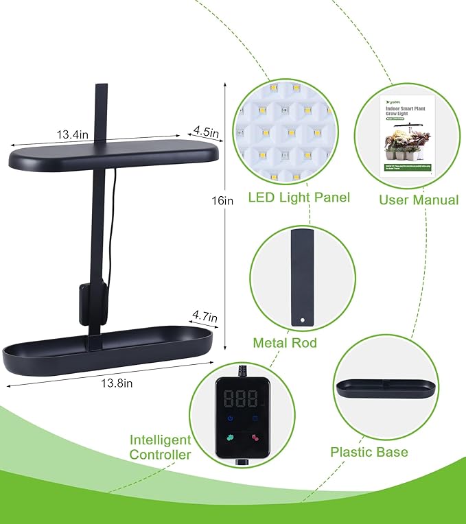 Grow Lights for Indoor Plants, 20W Full Spectrum LED Grow Lamp for Indoor Garden with Intelligent Controller, Height Adjustable, Ideal for Home Desk Plant Lighting (Black, ABS Base)