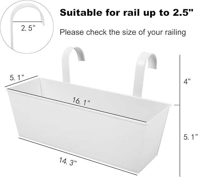 Railing Planters Outdoor Balcony 16 Inch Deck Over The Railing Planter Boxes Hanging Planters for Fence Flower 5 Pcs (White)