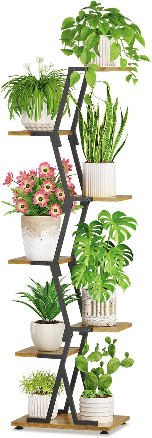 iDavosic.ly 6 Tier Indoor Plant Stand, Corner Tall Metal & Wood Flower Shelf, Orchid Display Rack for Living Room Balcony Patio Porch, Space Saving & Multifunctional Display, Black & Brown