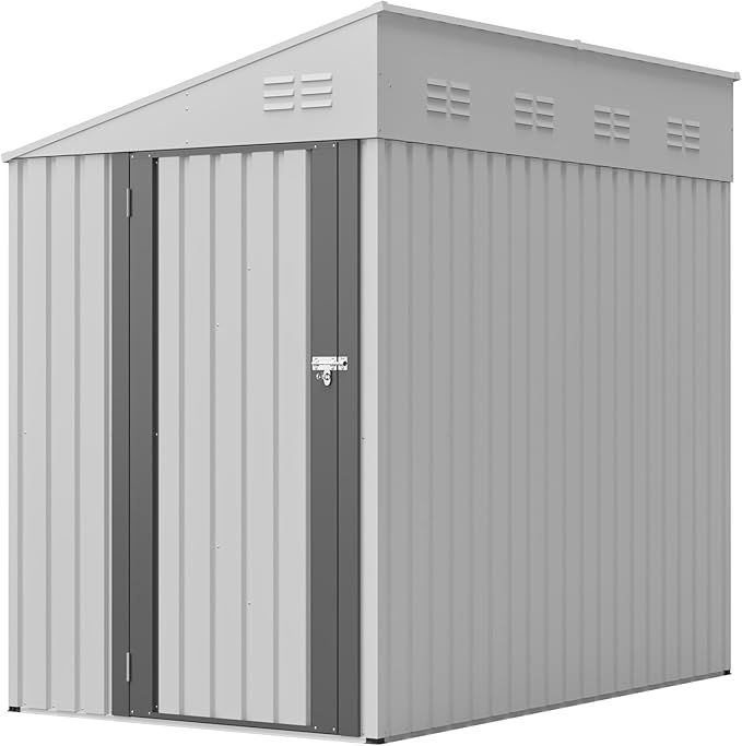 4x7 FT Outdoor Storage Shed,Lean to Lockable Metal Garden Shed Steel with Reinforced Beams,All Weather Waterproof Storage House W/Lockable Door&2 Air Vents,for Backyard,Patio,Lawn,Garden,White