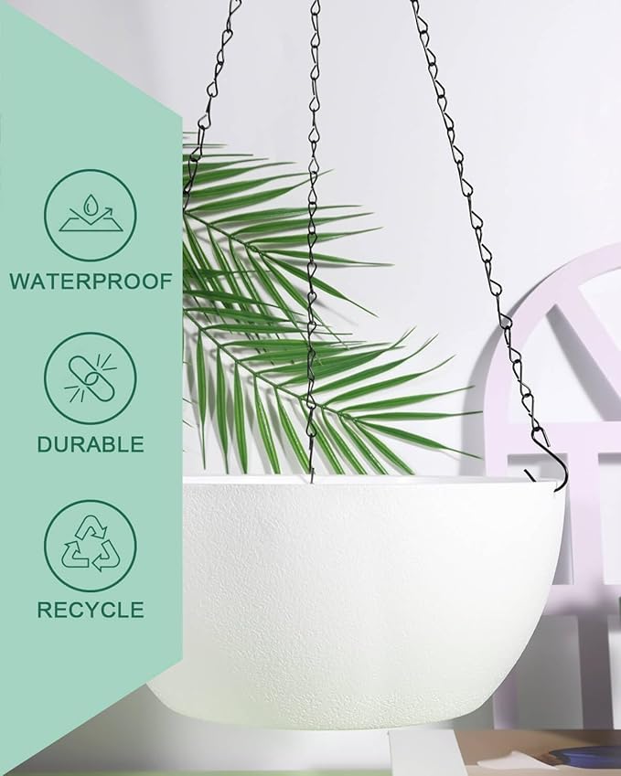 vensovo 12 Inch Large Hanging Planters for Outdoor Plants - 2 Pcs Plastic Hang Planter Flower Pot Baskets with Drainage Holes and Chain, Plant Pots for Home Garden Decor, White