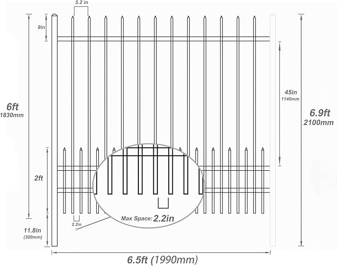 Metal Fence Panels with Dog Pickets, 6ft H x 6.5ft W Galvanized Steel Fence DIY Installation for Outdoor Garden Fence incl. 1 Fence Post, Wrought Iron Style Steel Fencing, Black (Upgraded)