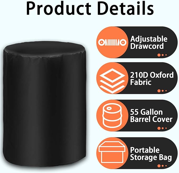 2pcs 55 Gallon Barrel Cover 210D Water Storage Barrel Cover with an Adjustable Drawstring, Rain Barrel Protective Screen Cover for Barrel，25 x 37 Inches