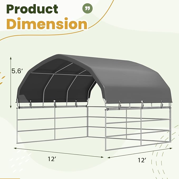 YOLENY 12'x12' Gray Corral Shelter, Heavy Duty Round Style Canopy, Waterproof and UV Treated Universal Cover, Easy Assembly Stable and Agricultural Storage and Shade Shed Kit for Livestock