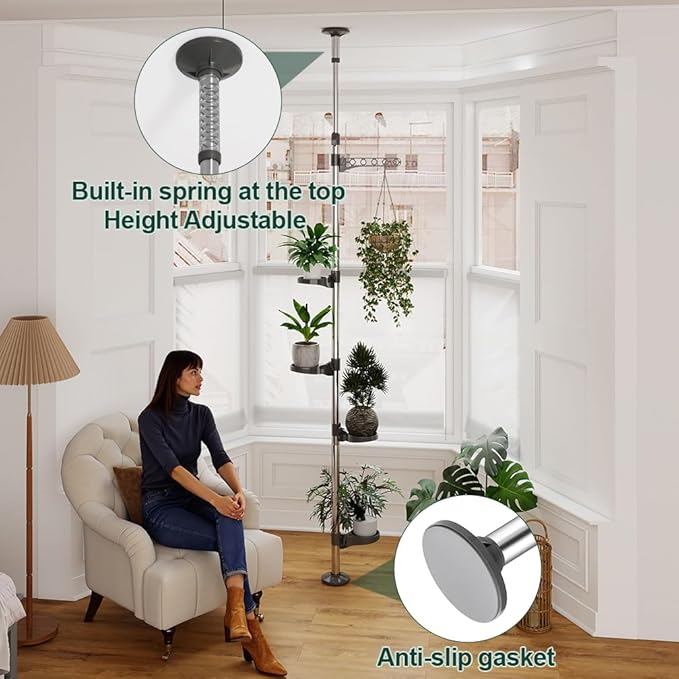 Hershii 5-Layer Indoor Plant Stand Pole Spring Tension Rod Corner Flower Display Rack Holder Adjustable Telescopic Floor to Ceiling Shelf Space Saving - Grey