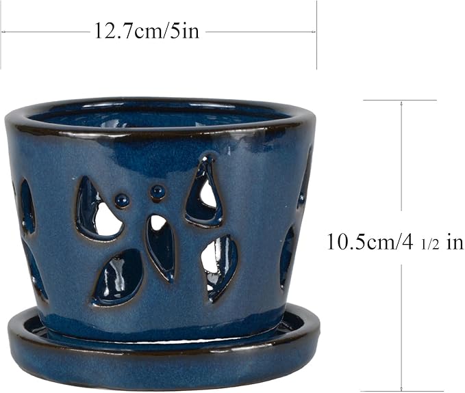 W&W Orchid Pot with Holes and Saucer for Repotting, 5 Inches, Blue