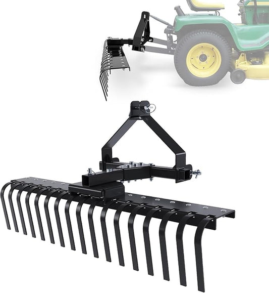 ECOTRIC 50In Landscape Rake Compatible with Category-0 Cat0 Tractor 3 Point & 5-Position Angle Adjustment for Garden, Farm, Grass Steel Powder Coated Black