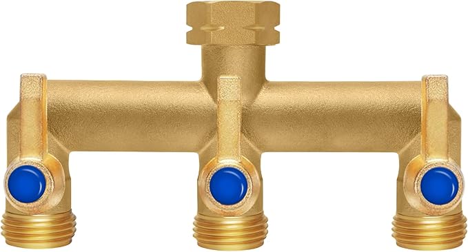 Brass Garden Hose Splitter, 3 Way Hose Splitter, Outdoor Hose Splitter, GHT 3/4 in. Female Inlet and 3 Way 3/4 in. Male Outlet for Regulating and Shutting Off Water Flow