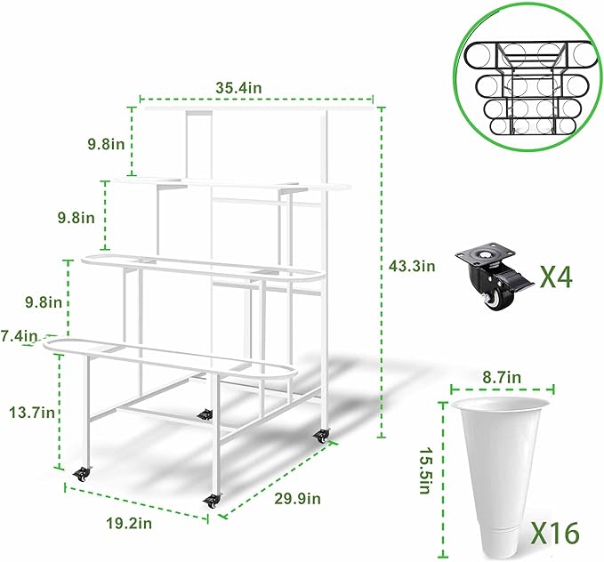 Floral Display Stand with 16 White Flower Baskets 4-Layers Cart Display Stand with Wheels ,Sturdy Mobile Flower Bouquet Rack for Courtyard, Garden, Flower Shop, with Lockable Rotating Wheels (White)