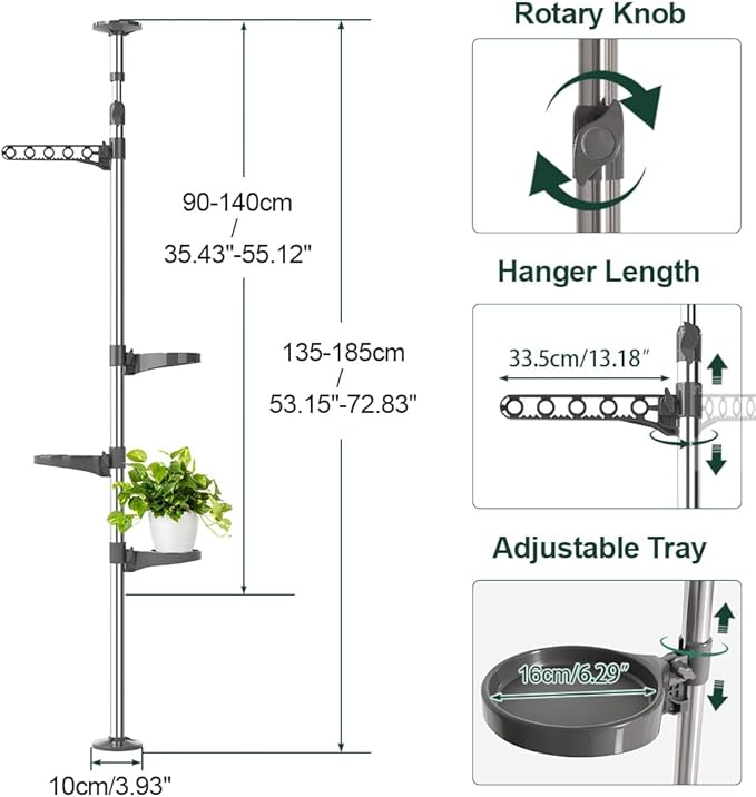 Hershii Indoor Plant Stand Pole Tension Rod Corner Standing Shelf Adjustable Flower Pots Holder Display Rack with 1 Hook & 3 Trays - Grey