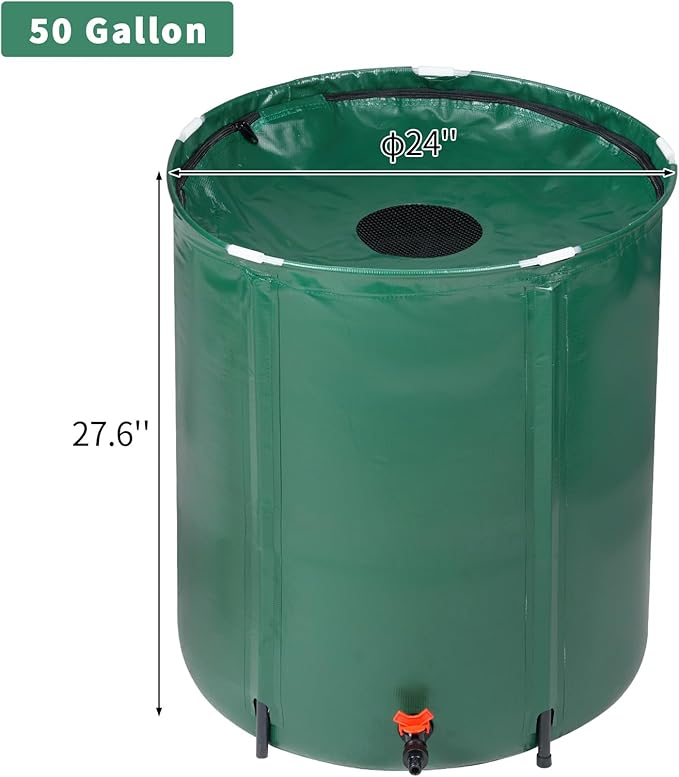 50 Gallon Collapsible Rain Barrel, Water Storage Tank, Portable Rainwater Collection System, Rain Catcher Barrel with Spigots and Overflow Kit, Rain Water Barrel Collector for Garden, Green