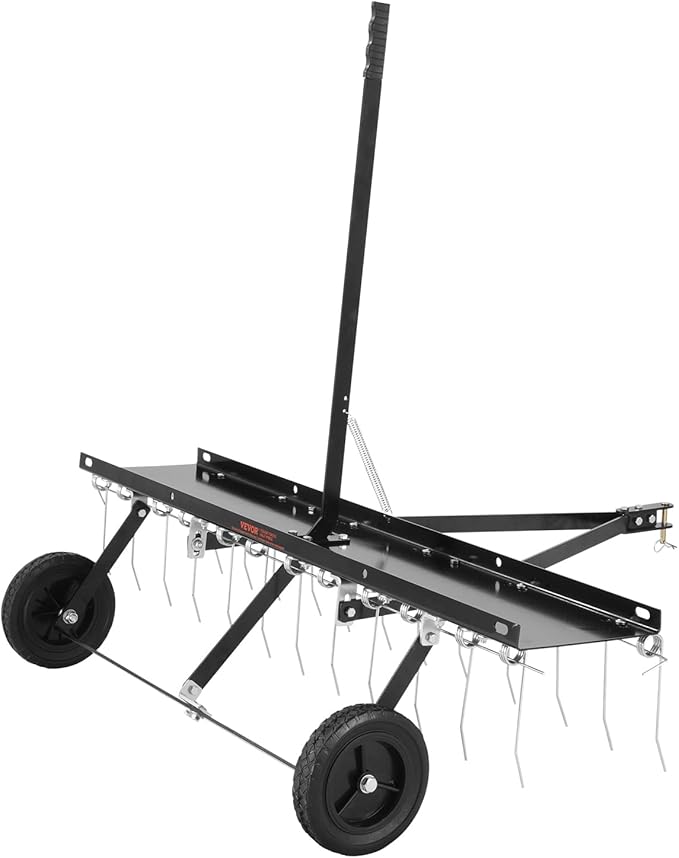 VEVOR Tow Behind Dethatcher, 48-inch Tow Dethatcher with 24 Spring Steel Tines, Lawn Dethatcher Rake for ATV or Mower, Tow Behind Lawn Rake with Lift Handle for Garden Farm Grass