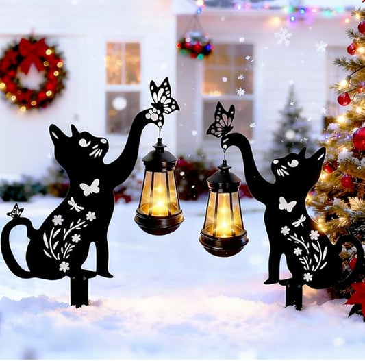 2 Pack Black Cat Solar Lights Outdoor Garden - Solar Lights Outdoor Garden Decor Stake with Butterfly Decorative Metal Housewarming Ornament for Yard Lawn Patio – Unique Gift Ideas for Christmas