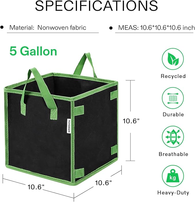 VIVOSUN 5 Pack 5 Gallon Square Grow Bags, Thick Nonwoven Cubic Fabric Pots with Handles for Indoor and Outdoor Gardening