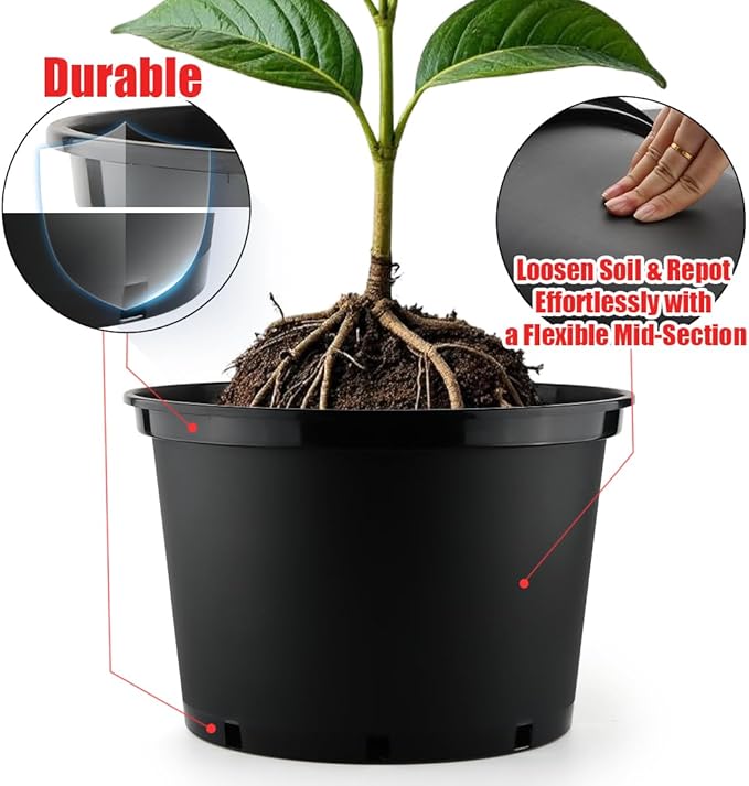 10 Gallon Plastic Nursery Pots, 16 Inch Round Plant Pots with Drainage Holes, 5 Pack Large Garden Flower Pots for Outdoor Indoor Plants, Gardening Gifts for Women, Black