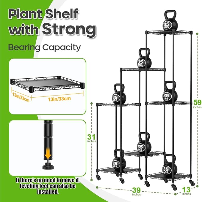 Abimars 59'' Plant Stand with Wheels, Shelf Height Adjustable Metal Plant Shelf for 7 Potted Plants, DIY Assembly Indoor & Outdoor Plant Display Rack