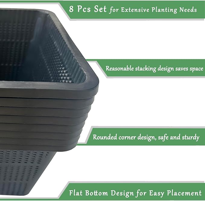 HG9SQBK 9-Inch Square Aquatic Plant Baskets - 8 Pack Durable Black Plastic Mesh Pond Containers for Live Aquarium Plants, Pond Planting & Hydroponic Pots
