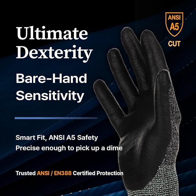 DEX FIT Level 5 Cut Resistant Gloves Cru553, 3D-Comfort Fit, Power Grip, Professional, Durable, Touchscreen, Thin, Cool