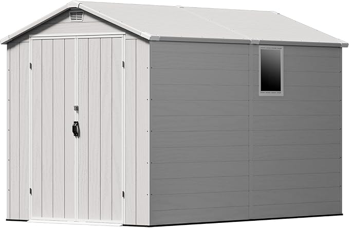 Patiowell 6x10FT Outdoor Storage Shed with Floor, Plastic Resin Garden Shed with Lockable Door, Windows, Weather-Resistant for Lawn Mower, Tool & Backyard Storage (Light Grey)
