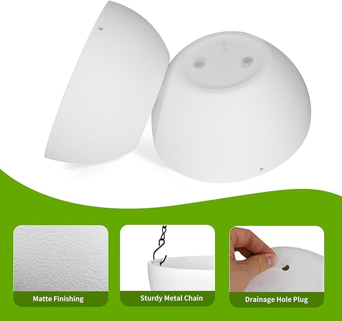8 inch Hanging Planters for Indoor Outdoor Plants, 2 Pack Pots with Drainage Holes and Chain, Plastic Flower Pots for Garden Home Decor, White