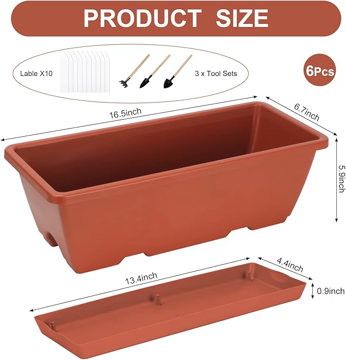 HOXHA Window Box Planter, 6 Pack 17inch Plastic Vegetable Flower Planter Boxes with Tray, Indoor Outdoor Flower Pots for Windowsill, Patio, Porch, Garden Balcony, Brick Red
