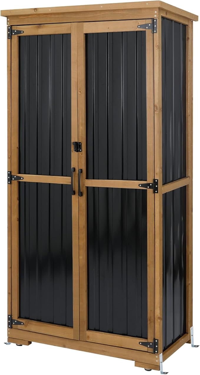 Outdoor Storage Cabinet,Wood & Metal Storage Shed with Adjustable Shelves & Lockable Doors,Vertical Outdoor Cabinets for Backyard Patio, Gardening Tools and Accessories,Brown
