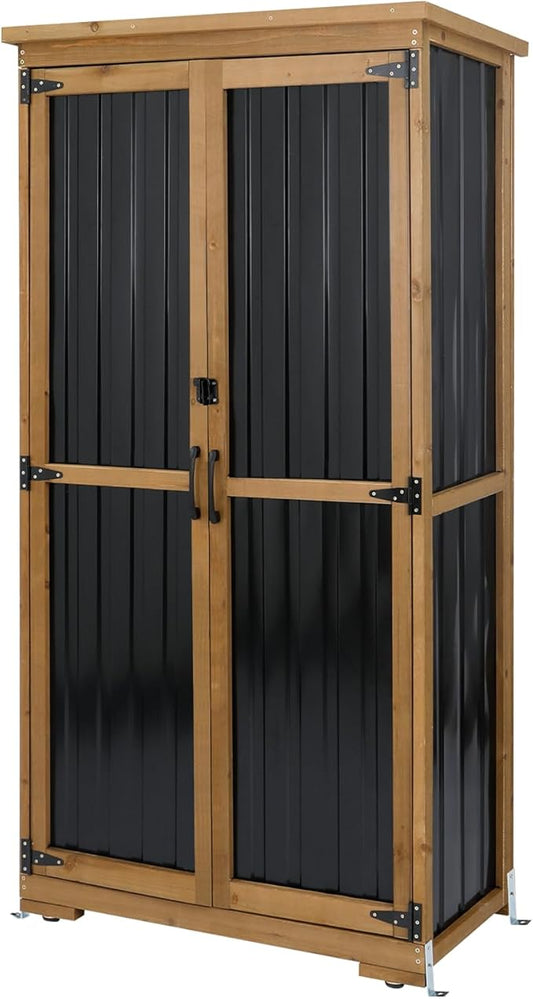 Outdoor Storage Cabinet,Wood & Metal Storage Shed with Adjustable Shelves & Lockable Doors,Vertical Outdoor Cabinets for Backyard Patio, Gardening Tools and Accessories,Brown