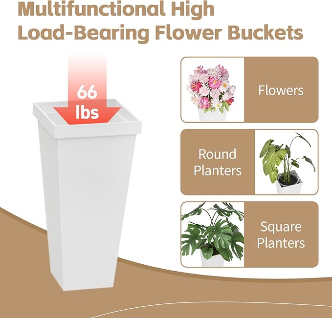 Flower Display Stand with Buckets, Sturdy Flower Cart with Wheels, Metal Bouquet Bar for Wedding, Party, Patio, Bridal Shower, White