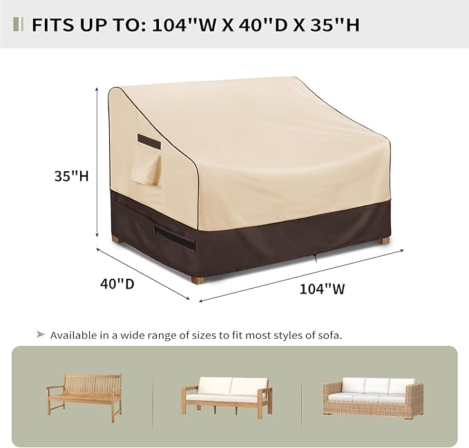 KylinLucky Waterproof Patio Loveseat Covers 104W x 40D x 35H inches,3-Seater Heavy Duty Outdoor Furniture Sofa Cover Khaki