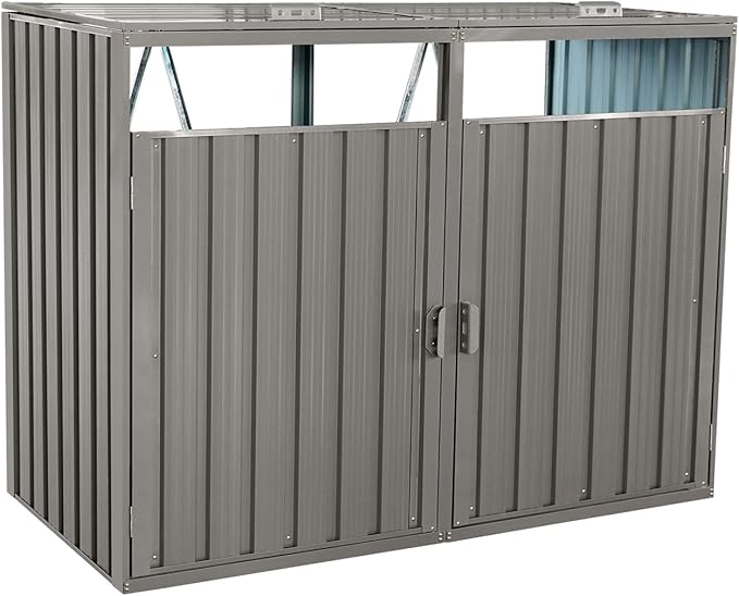 Garbage Bin Storage Shed for 2 Trash Cans Outdoor Metal Enclosure Charcoal Galvanized Steel Garbage Can Holder Hide Utility Bin Shelter Garden Yard