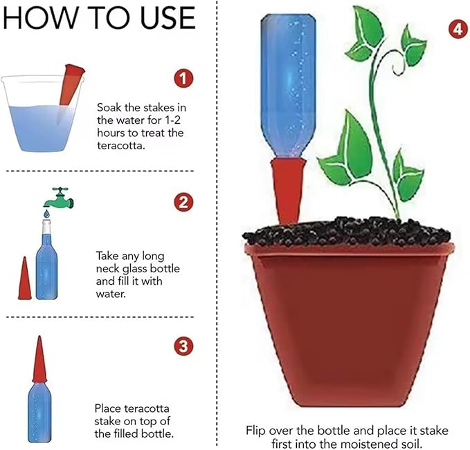 Self Watering Planter Insert 4 Pack Terracotta Vacation, 18oz Threaded shaped Watering Spikes Self Watering Devices for Indoor Outdoor Plants Easy To Refill & Maintain with 3 Pcs Mini Garden Tools Set