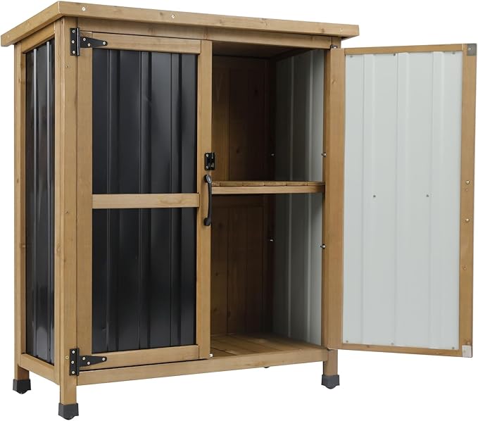 Small Outdoor Storage Cabinet Waterproof, Wood & Metal Storage Shed with Lockable Doors & Adjustable Shelves, Vertical Outdoor Cabinets for Patio Backyard,Garden Tool Shed and Accessories, Brown