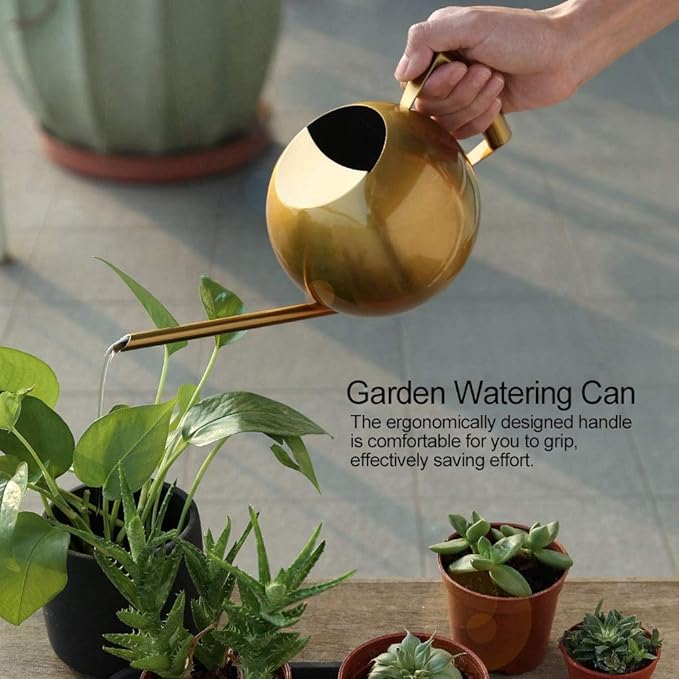 Watering Can, Stainless Steel Watering Can Sprinkle Pot Long Mouth Garden Flowers Plants Watering Pot for Indoor and Outdoor Flower Pot Gardening, 1000ml(Gold)