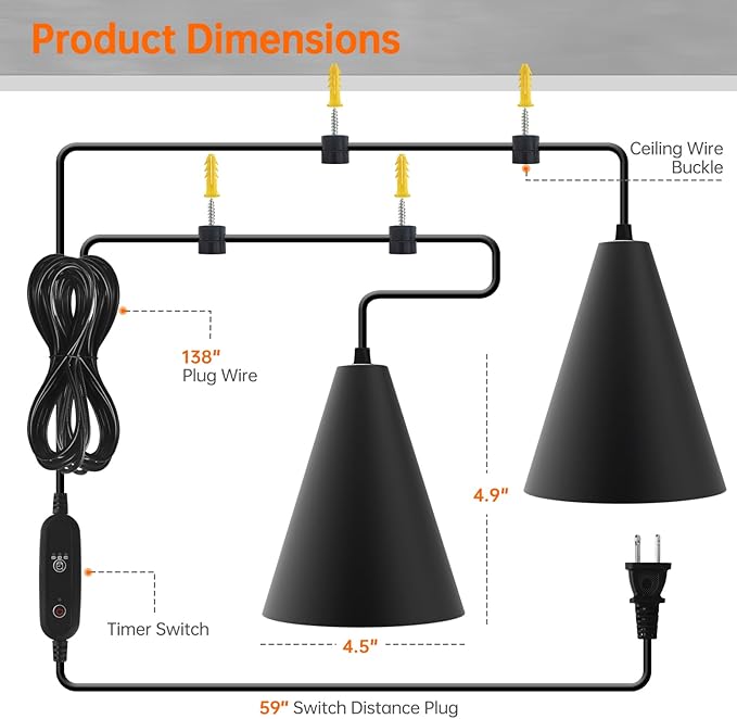 Bstrip 50W Double-Head Hanging Grow Lights for Indoor Plants, 3000K, Black LED Plant Light Bulbs with Timer and 16.4FT Power Cord, Perfect for Tall Plants, Gardens, Flowers, and Greenhouses