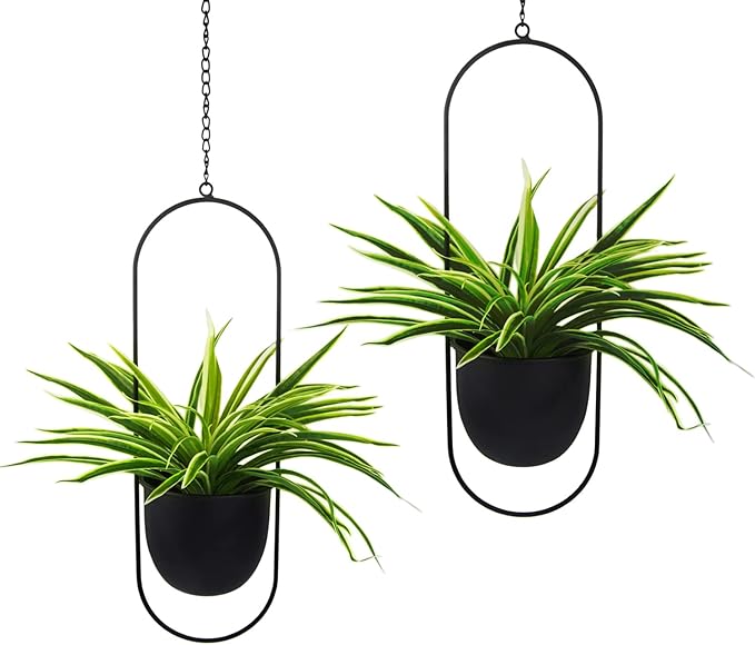 Metal Oval Hanging Planter, Set of 2 Black Geometric Plant Hangers with 6 inch Flower Pots in Oval Shape, Modern Wall and Ceiling Plant Holders for Indoor Outdoor Plants Home Décor