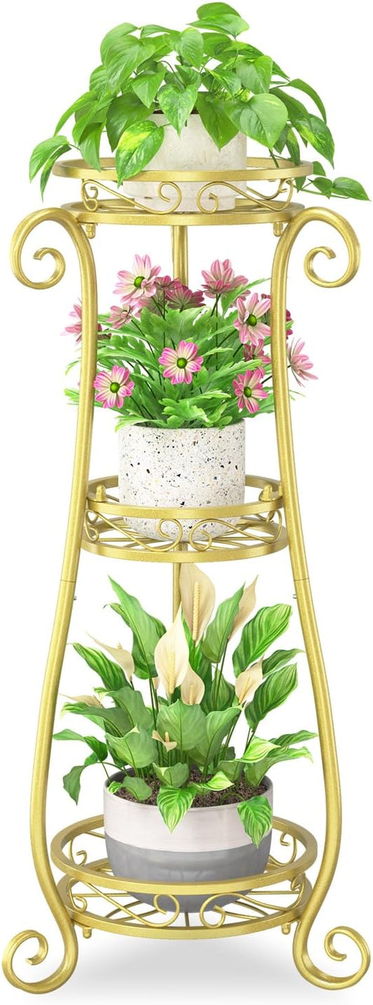 iDavosic.ly 3 Tier Metal Plant Stand Indoor Outdoor, Wrought Iron Corner Tall Flower Pot Holder Shelf, 34 Inch Vertical Heavy Duty Display Rack for Patio Porch Living Room Garden, Gold