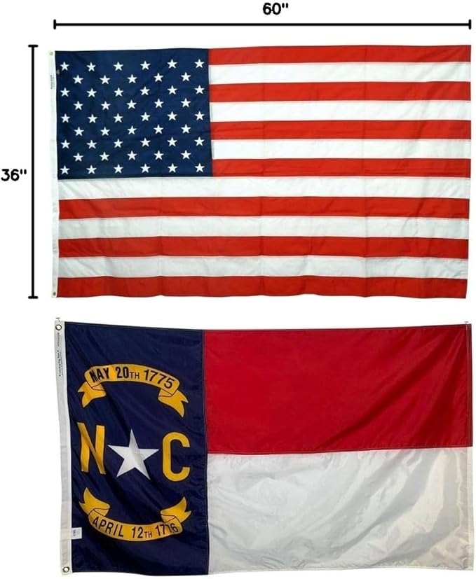 3x5' State of North Carolina & 3x5' United States Flag Bundle - Durable All Weather Nylon & Reinforced Fly End Stitching - Made in The USA