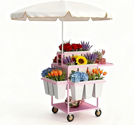 Metal Garden Cart Plant Stand with 18pcs Buckets and parasols, Slide Out Rolling Flower Display Rack, for Florist, Patio Garden, Weddings Party, Business Market (pink)