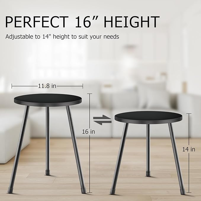 Black Plant Stand Indoor Set of 2, Mid Century Wood Plant Table for Flower Pots, Metal Plant Holder, Modern Home Decor Small Round Side End Table (11.8"x16")