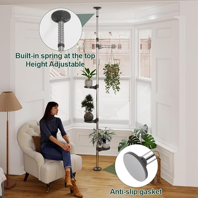 Hershii Indoor Plant Stand Pole Tension Rod Corner Standing Shelf Adjustable Flower Pots Holder Display Rack with 1 Hook & 3 Trays - Grey