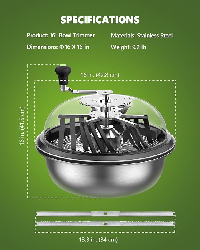 16 Inch Bud Leaf Bowl Trimmer, 16" Trim Bowl with Clear Visibility Dome and Sharp Stainless Steel Blades, for Twist Spin Cutting Buds, Flowers, Leaves, Hydroponics Plants