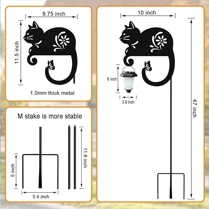 Metal Black Cat with Solar Lantern Garden Stake,Outside Decorations for Yard,Solar Lights for Pathway,Yard Unique,Women Gifts