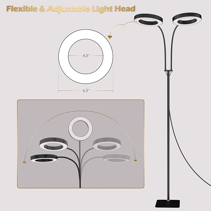 GLOWRIUM Grow Lights for Indoor Plants, Full Spectrum LED Grow Light Floor Lamp with Stand Adjustable Height and Angle, Black Plant Light with 3/9/12H Grow Light Timer (Black, 36W)